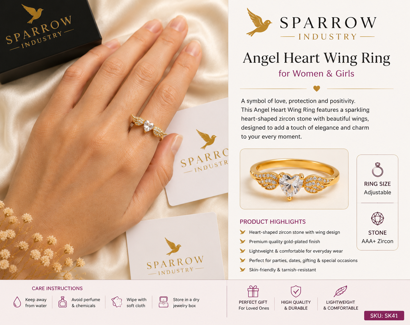 Luxury golden Heart Wing Ring – Gold Plated